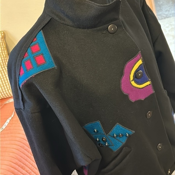 Marylou Ozbolt Storer 80’s Washed Wool Abstract Appliqué colorful jacket sz Med - Picture 8 of 15